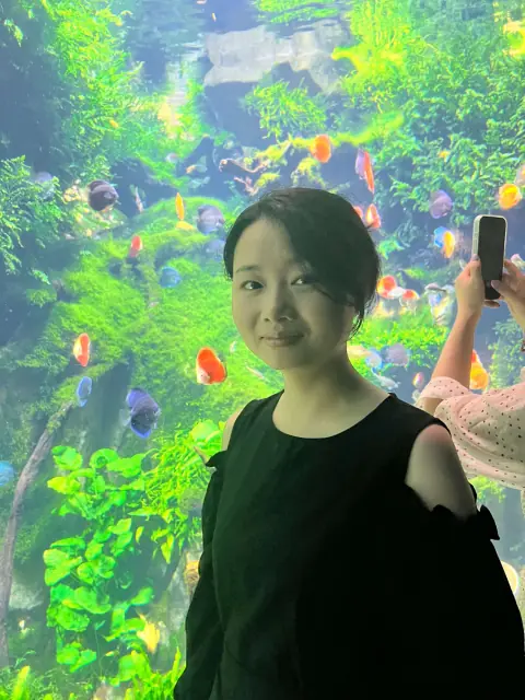 观赏鱼水族箱前的人像