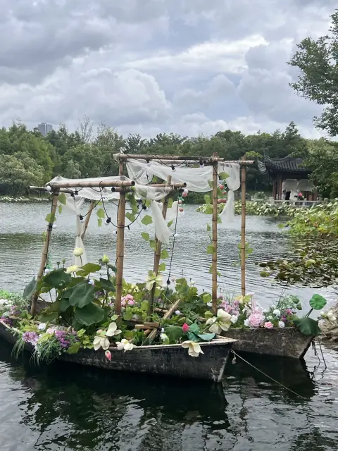 园林池水上的荷花小船装置